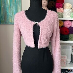 Pink Fuzzy Cropped Cardigan Sweater